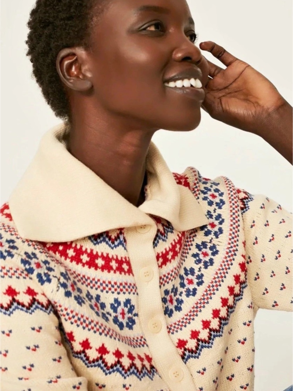 The Great. Fair Isle Cropped Cardigan in Cream - Picture 5 of 12